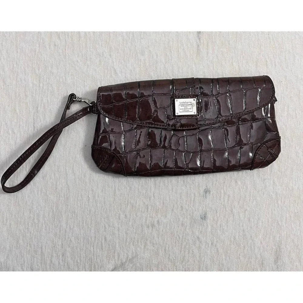 Liz Claiborne Brown Croc Embossed Patent Leather Wristlet Clutch‎ Purse Bag